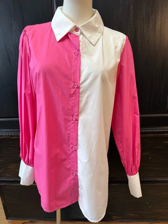 Colorblock Pink & White Button-Up Blouse - Picture 1 of 16
